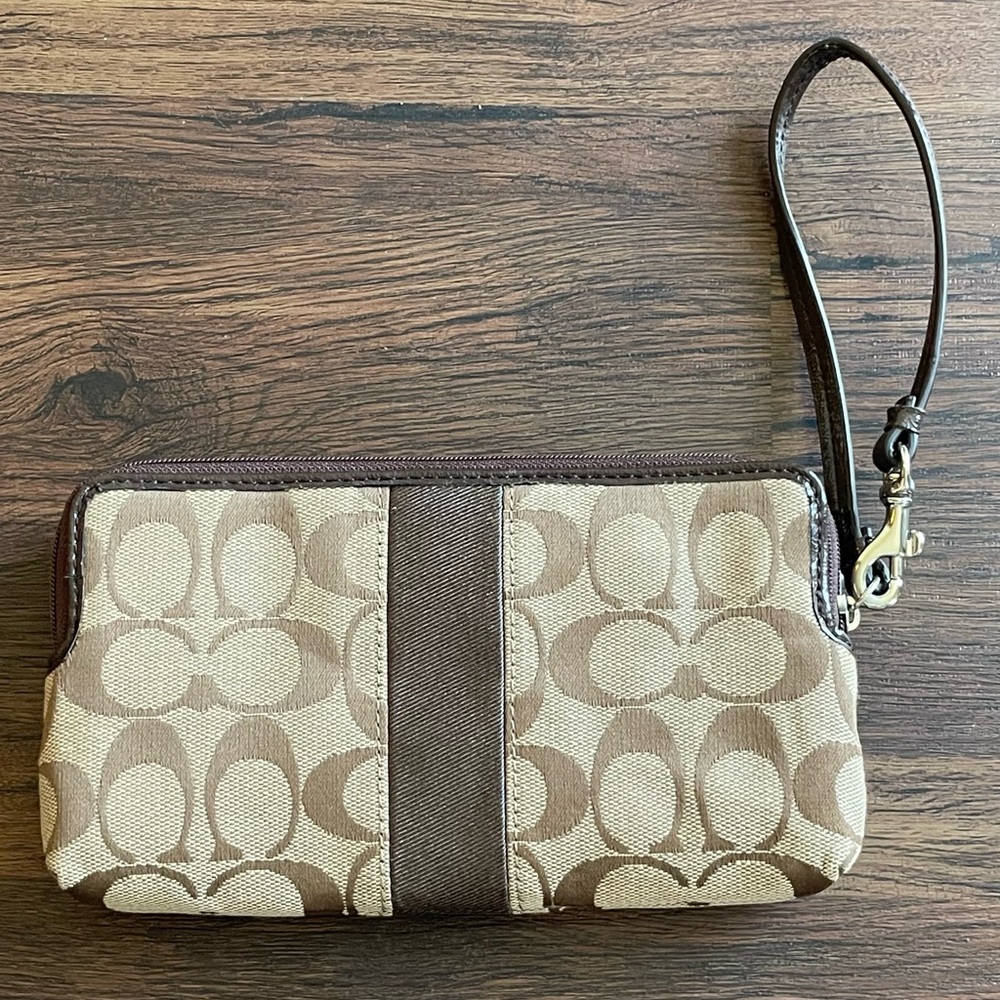 Coach Women’s Wristlet Wallet Signature Khaki Mahogany Canvas Double Zipper - Picture 5 of 10